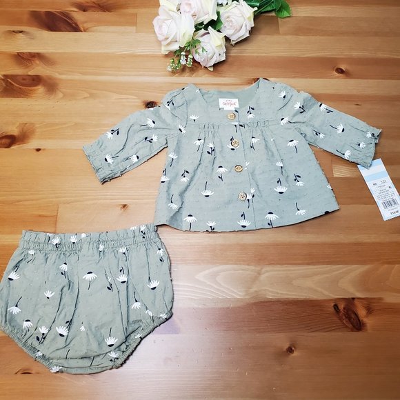 Cat & Jack Baby Girls’ Clip Dobby Top & Bottom Set - Sage Green Size NB - Picture 4 of 5